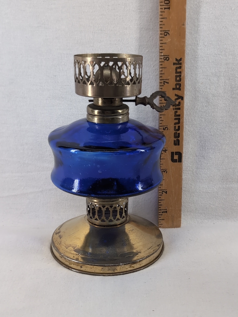Antique-Style Cobalt Blue Glass Table Oil Lamp (Base Only) - Brass Accents